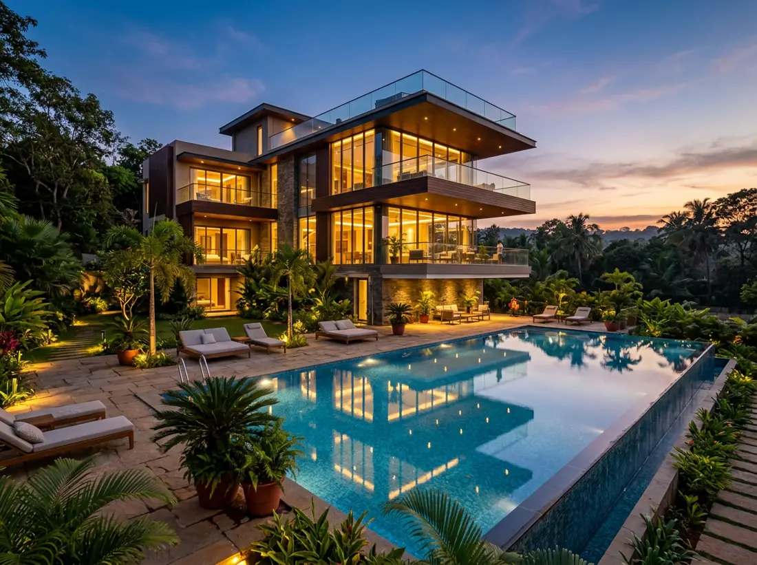Multi-level clubhouse with a lit swimming pool at dusk