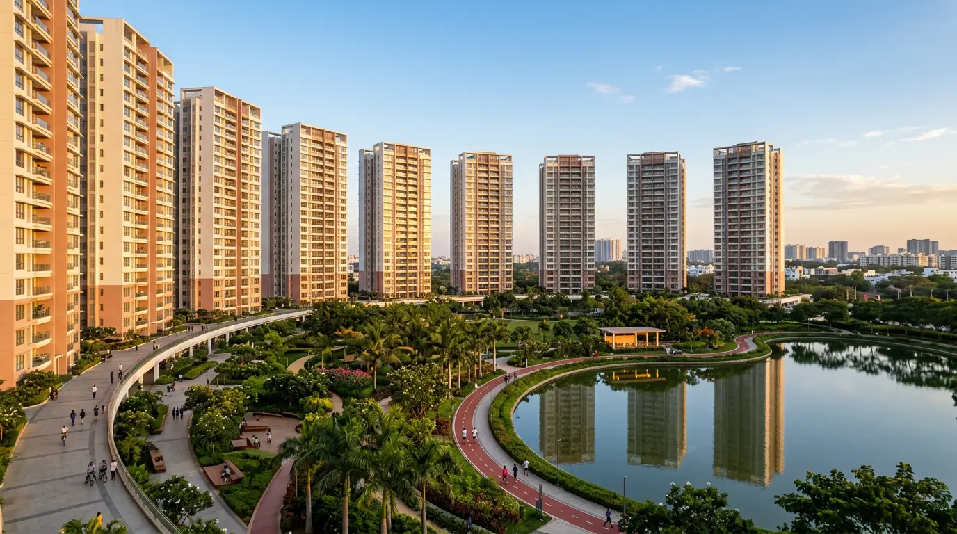 Residential towers arranged in an arc around a landscaped central park and lake